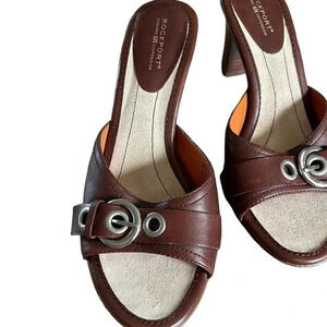 Rockport women shoes,sandal,brown,leather slip on mules ,heels , buckle accent